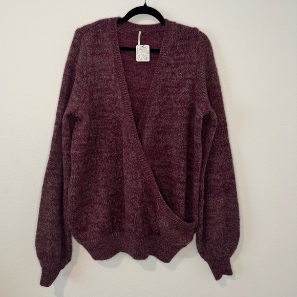 Free People Sweaters - NWT - Free People Wrap Sweater Marled Burgundy Purple Knit Long Sleeve Women’s M